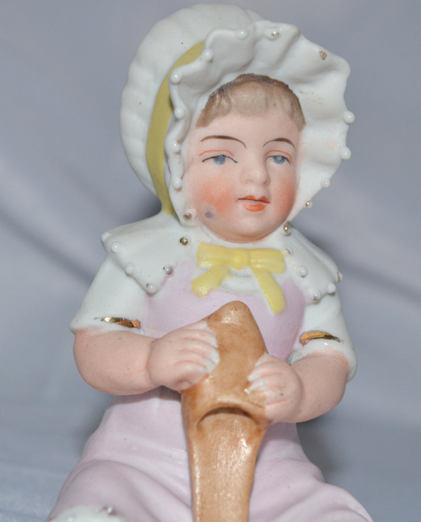 German Porcelain Bisque Piano Baby Mama's Shoes Seated Figurine