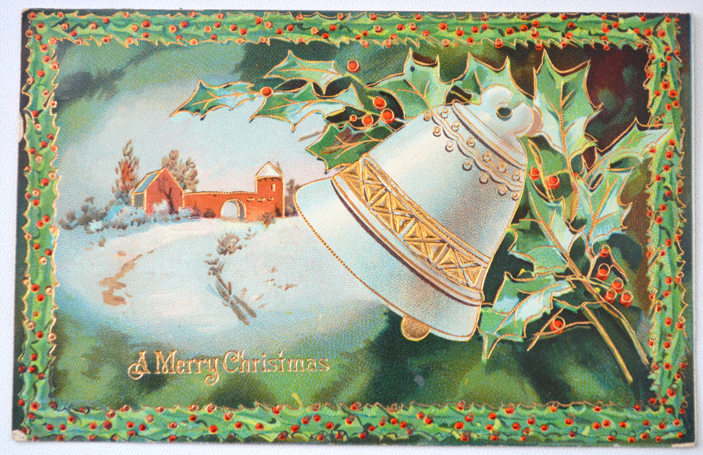 Christmas Postcard Gel Finish Bell & Farm Holly Border Gold Embossed