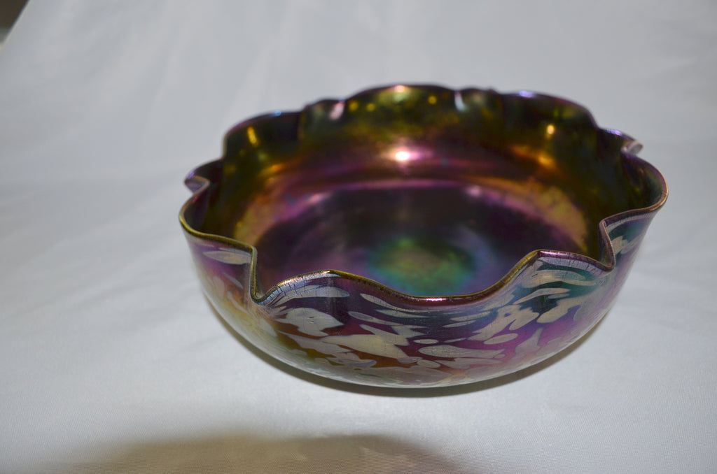 LOETZ Antique Art Nouveau Amethyst Papillon Art Glass Bowl, Oil Spot Bohemian Glass Bowl Austria c. 1900