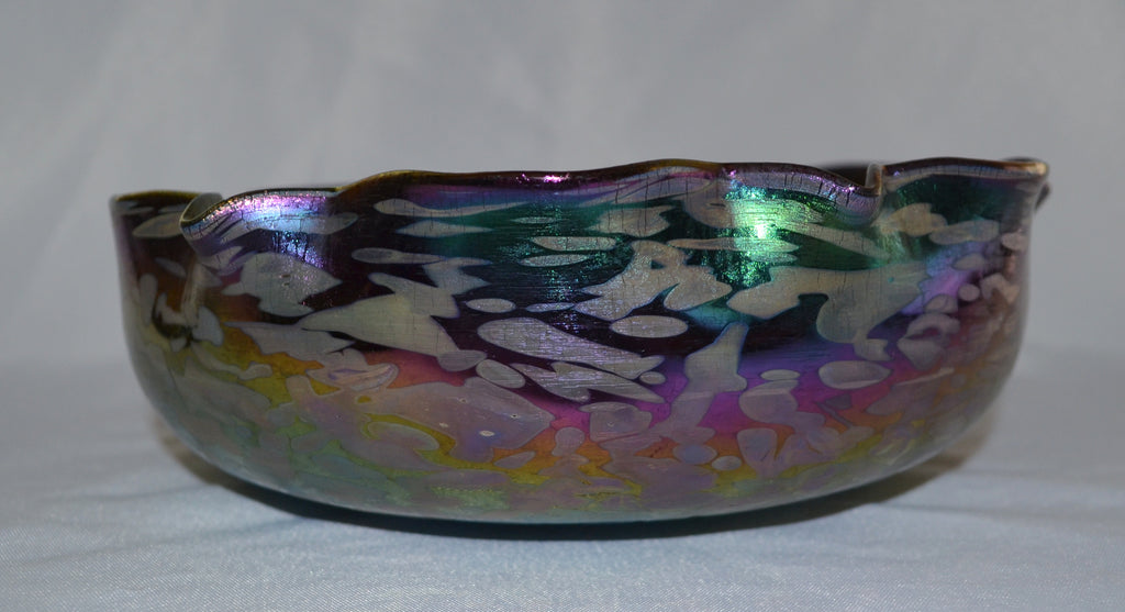 LOETZ Antique Art Nouveau Amethyst Papillon Art Glass Bowl, Oil Spot Bohemian Glass Bowl Austria c. 1900