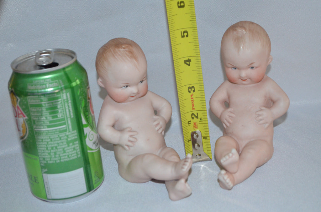 Gebruder Heubach German All Bisque Porcelain Babies Hand Painted Chubby Belly Twins Each Baby Numbered Square Makers Mark 5" Tall