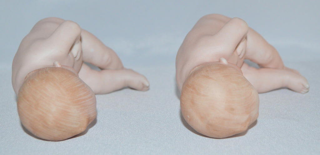 Gebruder Heubach German All Bisque Porcelain Babies Hand Painted Chubby Belly Twins Each Baby Numbered Square Makers Mark 5" Tall