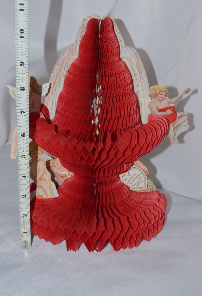 Antique Valentine's Day Card Stand Up Honeycomb Large Water Fountain Shaped Red Multiple Cupids Beistle Made