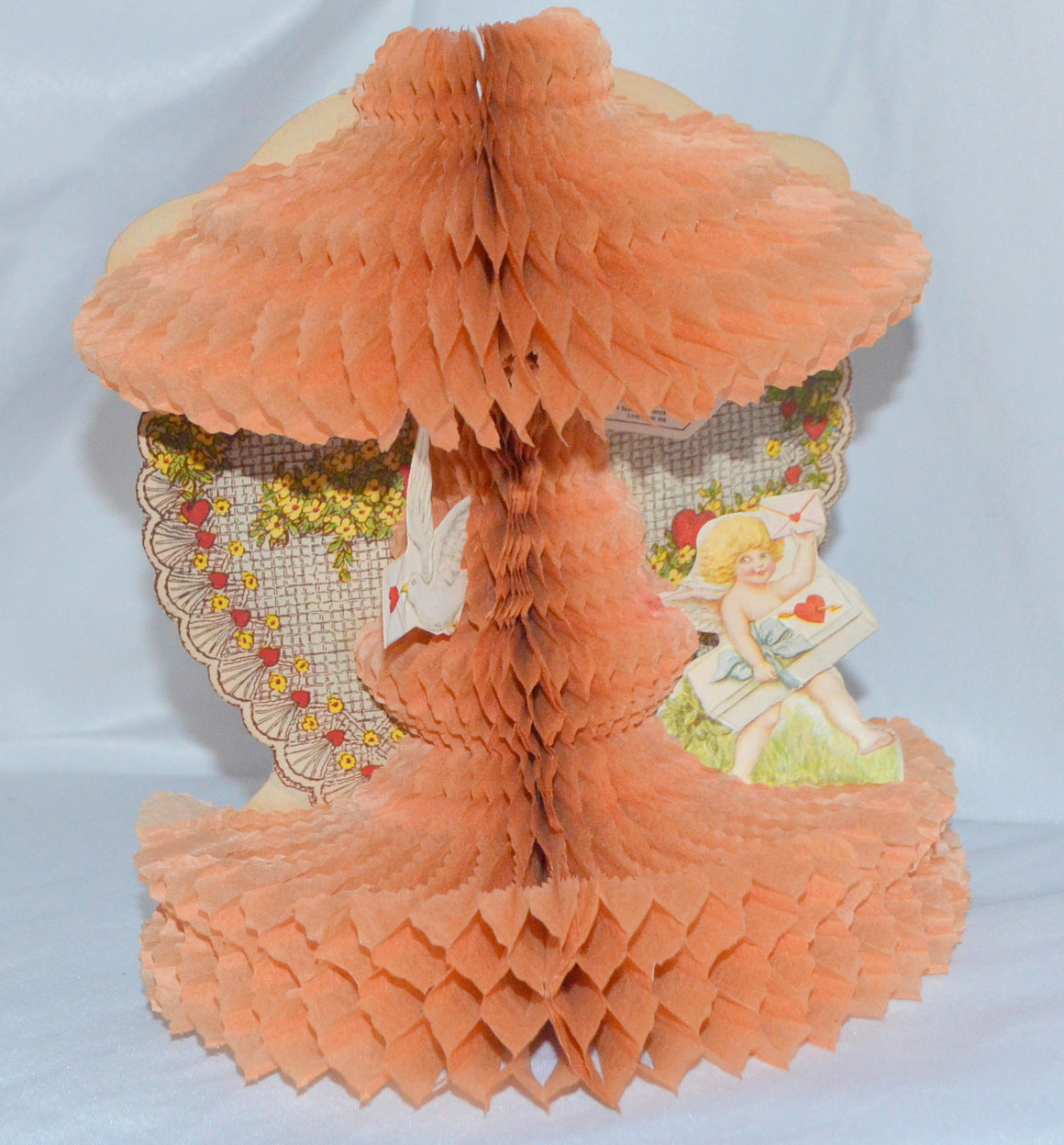 Antique Valentine's Day Card Stand Up Honeycomb Beistle with Die Cut Embossed Cupid Delivering Package