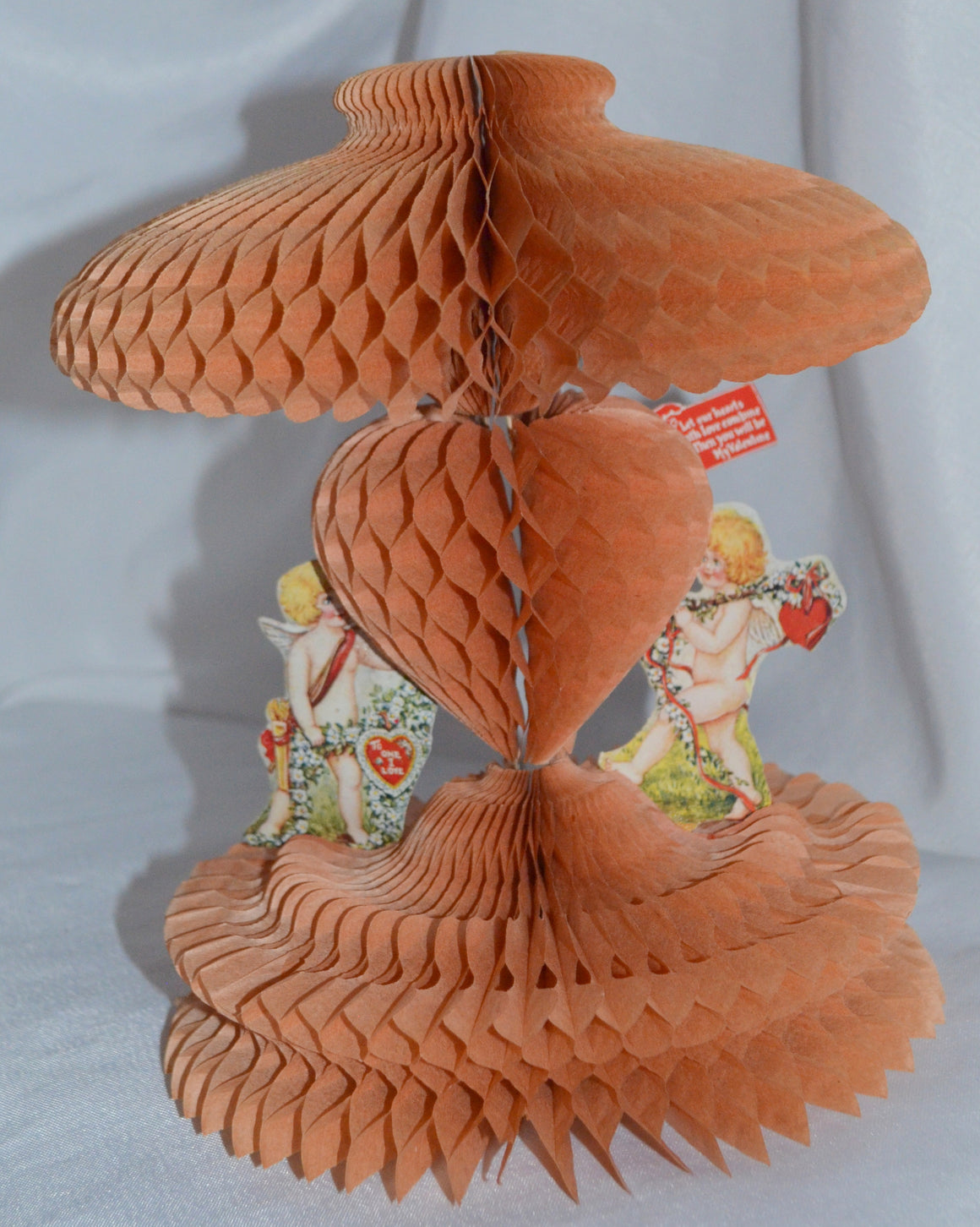 Antique Valentine's Day Card Stand Up Honeycomb Beistle with Die Cut Embossed Cupids with Hearts