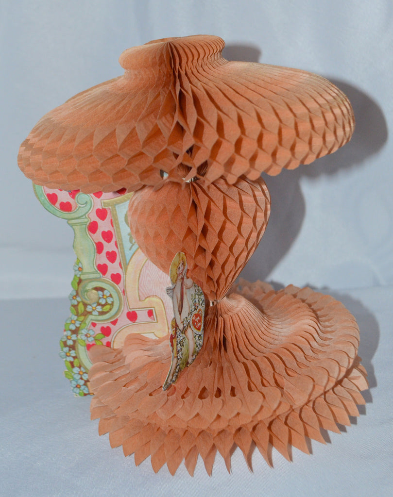 Antique Valentine's Day Card Stand Up Honeycomb Beistle with Die Cut Embossed Cupids with Hearts