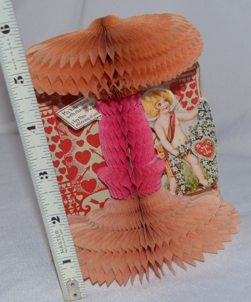 Antique Valentine's Day Card Stand Up Honeycomb Beistle with Die Cut Embossed Cupid Two Colored Puff