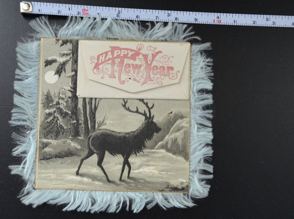 Silk Fringe New Year Card Elk Deer with Attached Envelope & Note