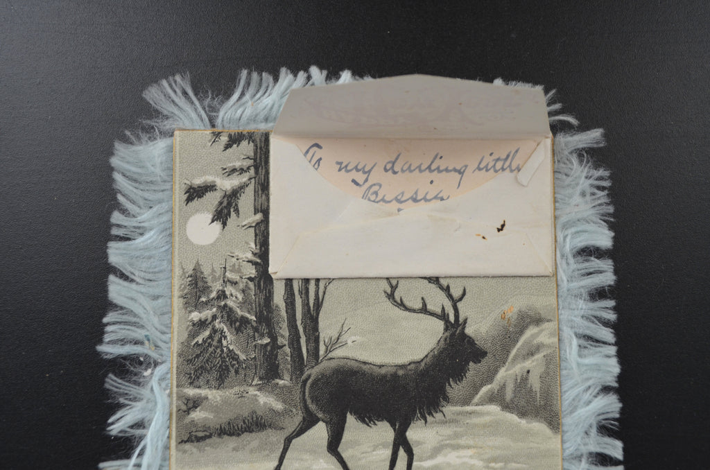 Silk Fringe New Year Card Elk Deer with Attached Envelope & Note