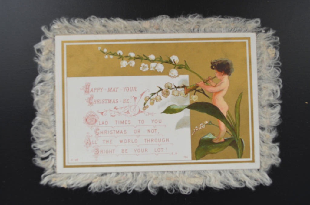 Christmas Silk Fringe Card Angel Cupid Child Blowing Horn Riding Pegasus Double Sided 1800s