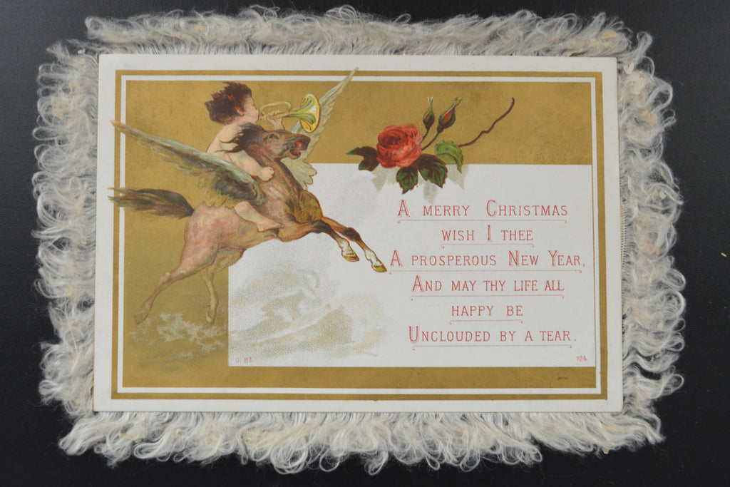 Christmas Silk Fringe Card Angel Cupid Child Blowing Horn Riding Pegasus Double Sided 1800s