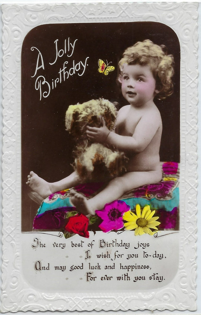 RPPC Real Photo Postcard Little Toddler Baby Holding Large Teddy Bear Color Tinted Birthday Card