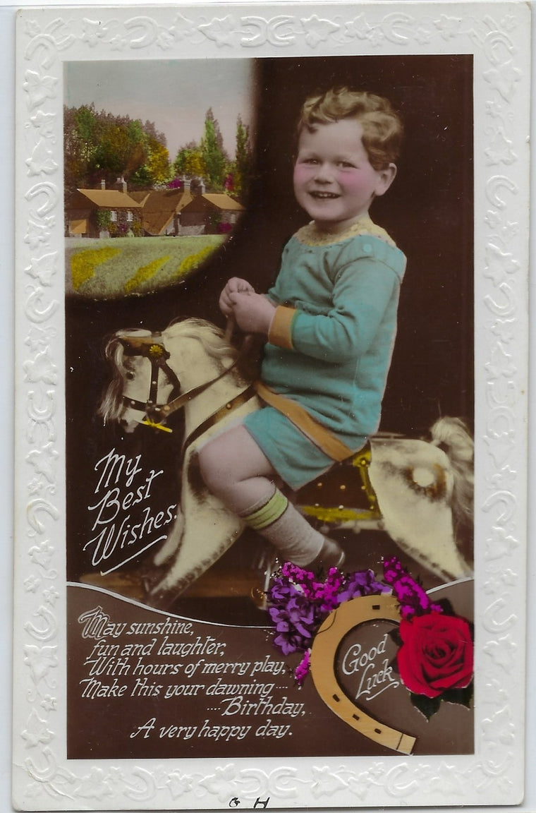 RPPC Real Photo Postcard Little Boy on Rocking Horse Color Tinted Birthday Card