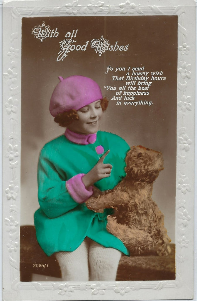 RPPC Real Photo Postcard Little Girl in Beret with Teddy Bear Color Tinted Birthday Card