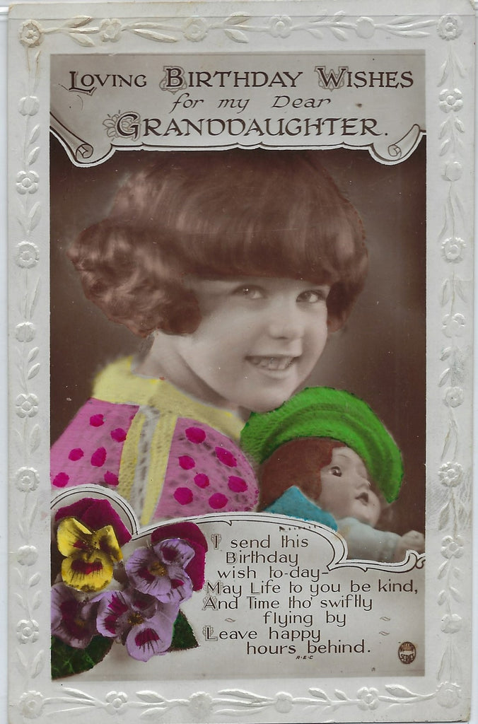 RPPC Real Photo Postcard Little Girl Holding Doll Color Tinted Birthday Card For Granddaughter