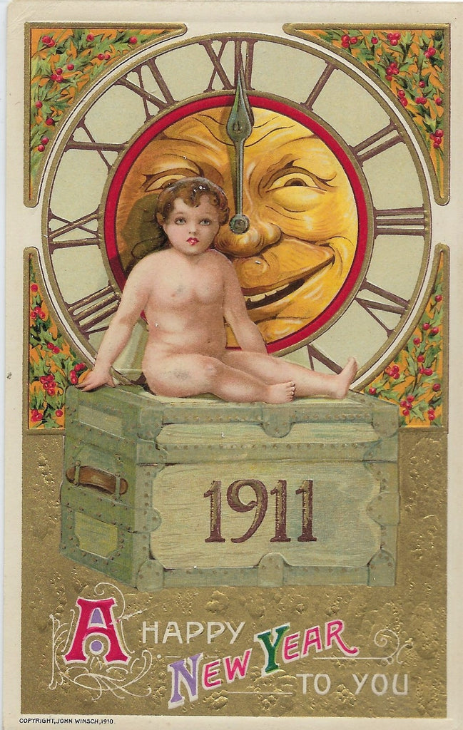 Rare John Winsch Publishing New Year Postcard by Artist Samuel Smucker Baby in Father Time Face Clock Gold Back Germany 1911