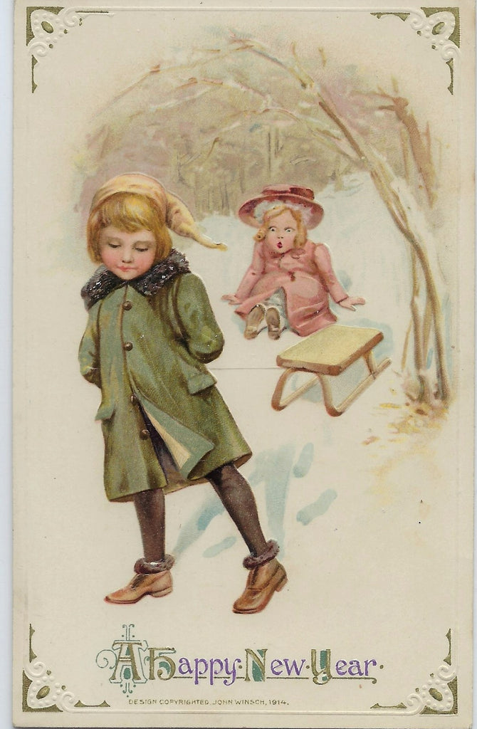 Rare John Winsch Publishing New Year Postcard by Artist Samuel Smucker Children Sledding 1914