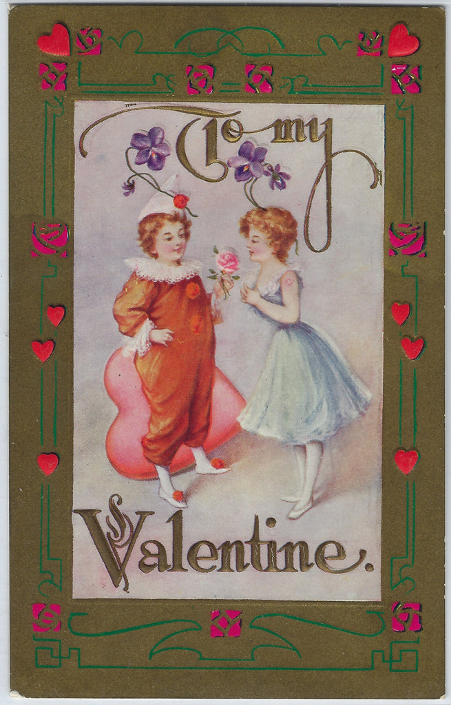 Valentine Postcard Jester Clown Boy Handing Rose to Young Girl in Blue Dress Embossed Germany Card
