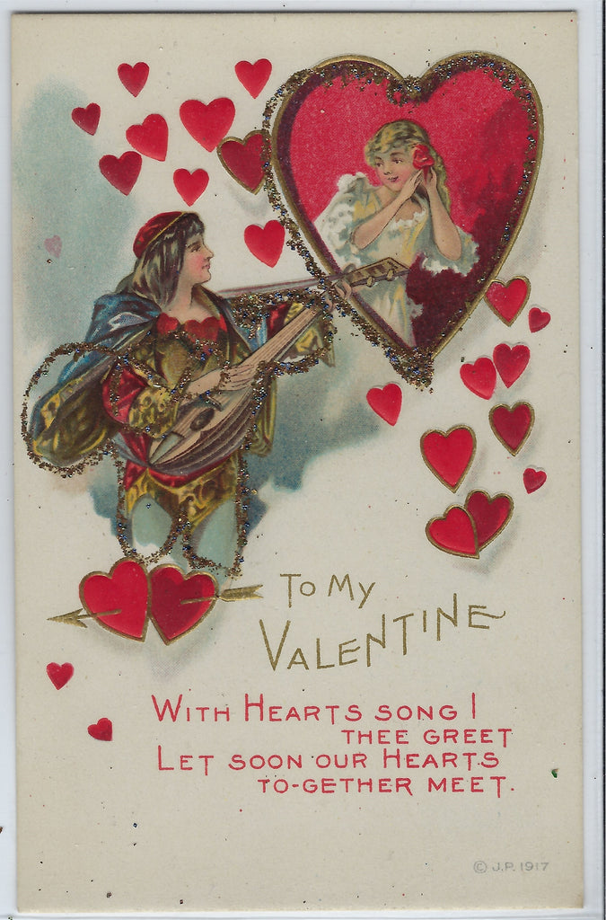 Valentine Postcard Romeo Shakespearean Styled Man Serenading Woman in Window Applied Glitter Embossed Card JP 1917