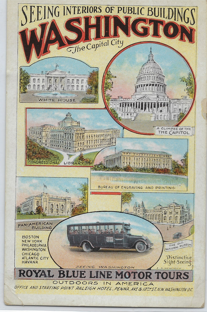 Royal Blue Line Motor Tours Washington DC Seeing Interiors of Public Buildings Outdoors in America Postcard