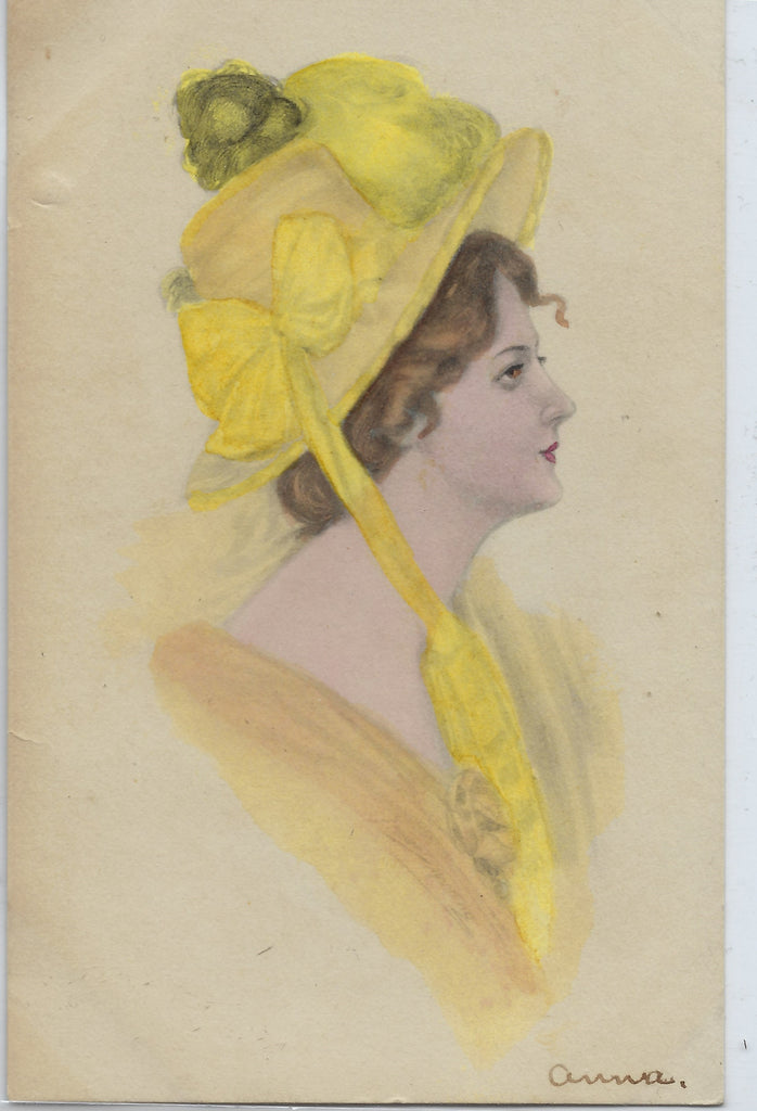 Artist Postcard Hand Tinted Woman Profile Image Wearing Yellow Dress Matching Bonnet