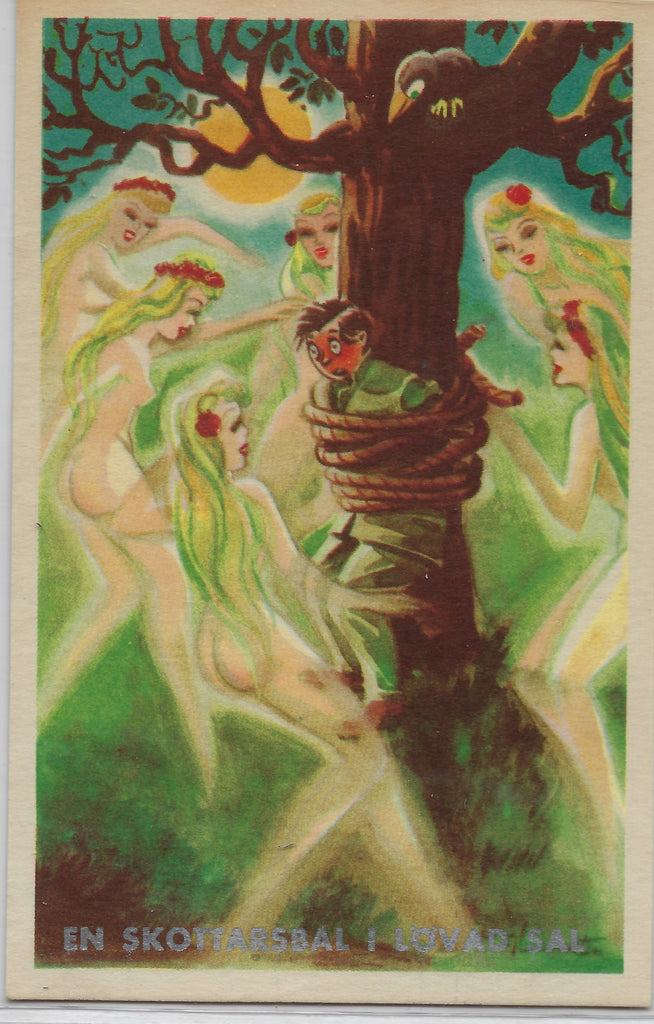 Halloween Themed Swedish Postcard Naked Women Dancing Around Man Tied to Tree Under Moonlight Solstice