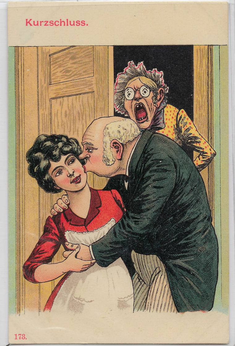 Comic Postcard German Kurzschluss Short Circuit Woman Yelling as Man Kisses Young Beauty