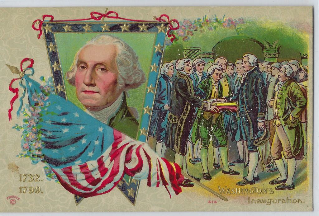 President Washington Inauguration  Postcard Embossed with Gold & American Flag P Sander Pub