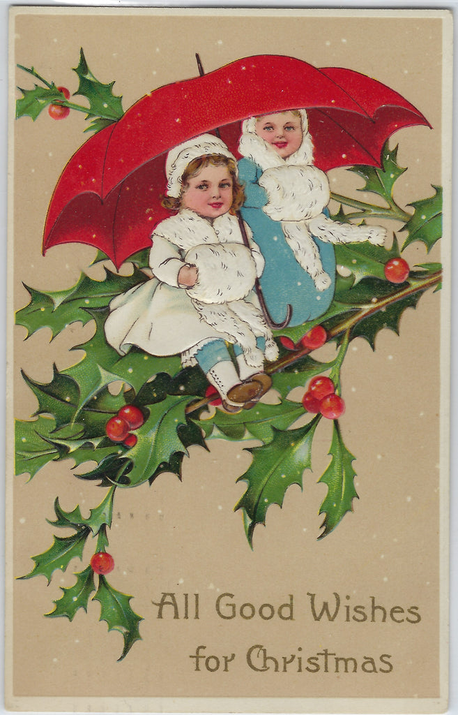 Children Seated on a Large Holly Branch Under Red Umbrella PFB Pub. Series 9019