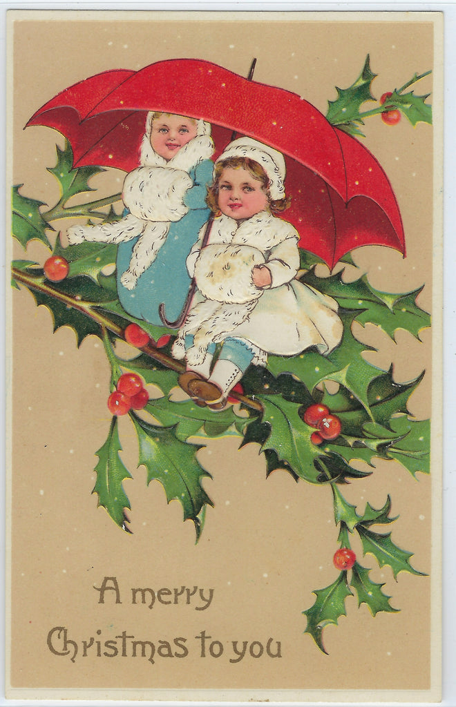 Children Seated on a Large Holly Branch Under Red Umbrella PFB Pub. Series 9019