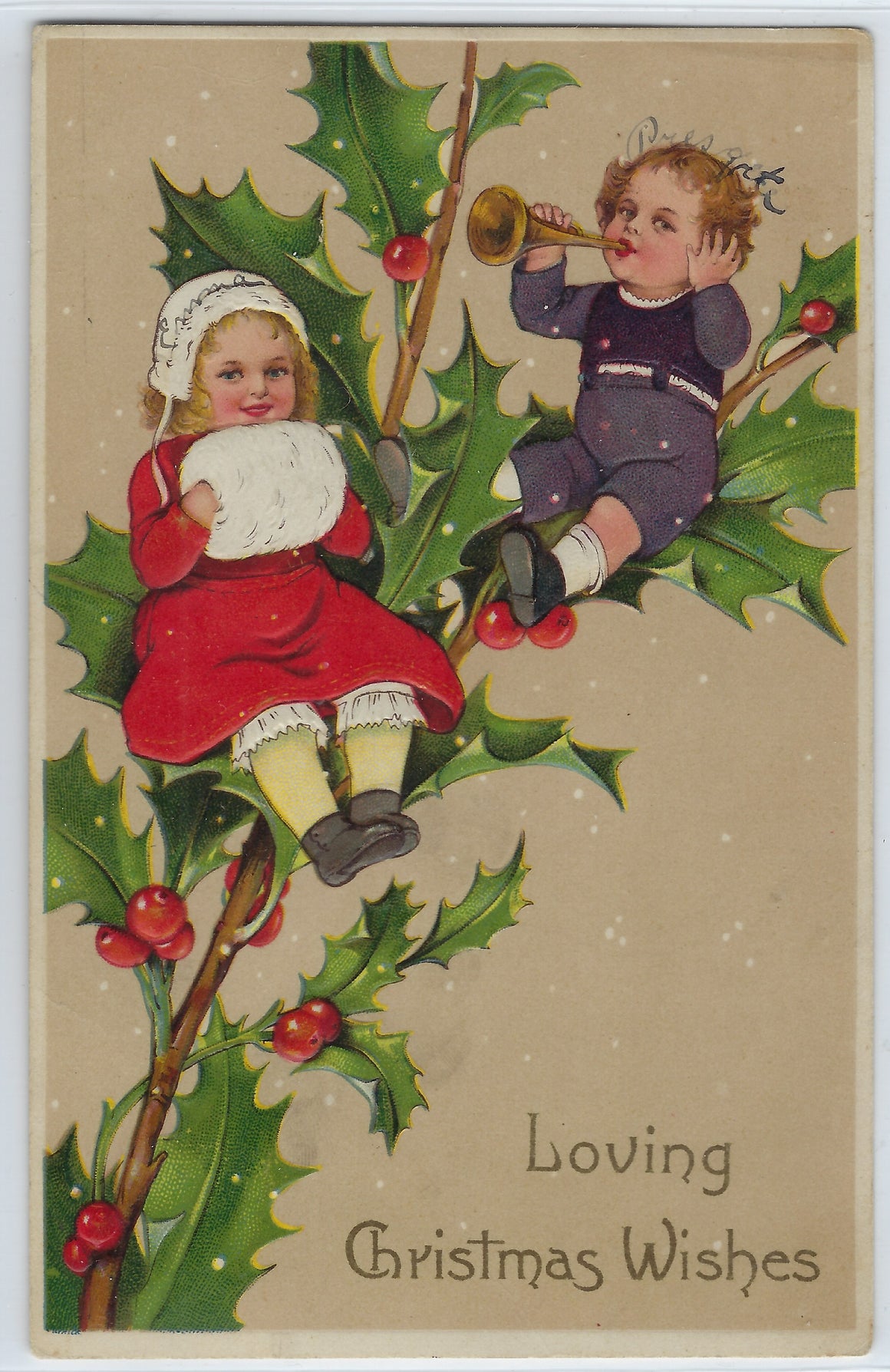 Children Seated on a Large Holly Branch Playing Horns PFB Pub. Series 9019