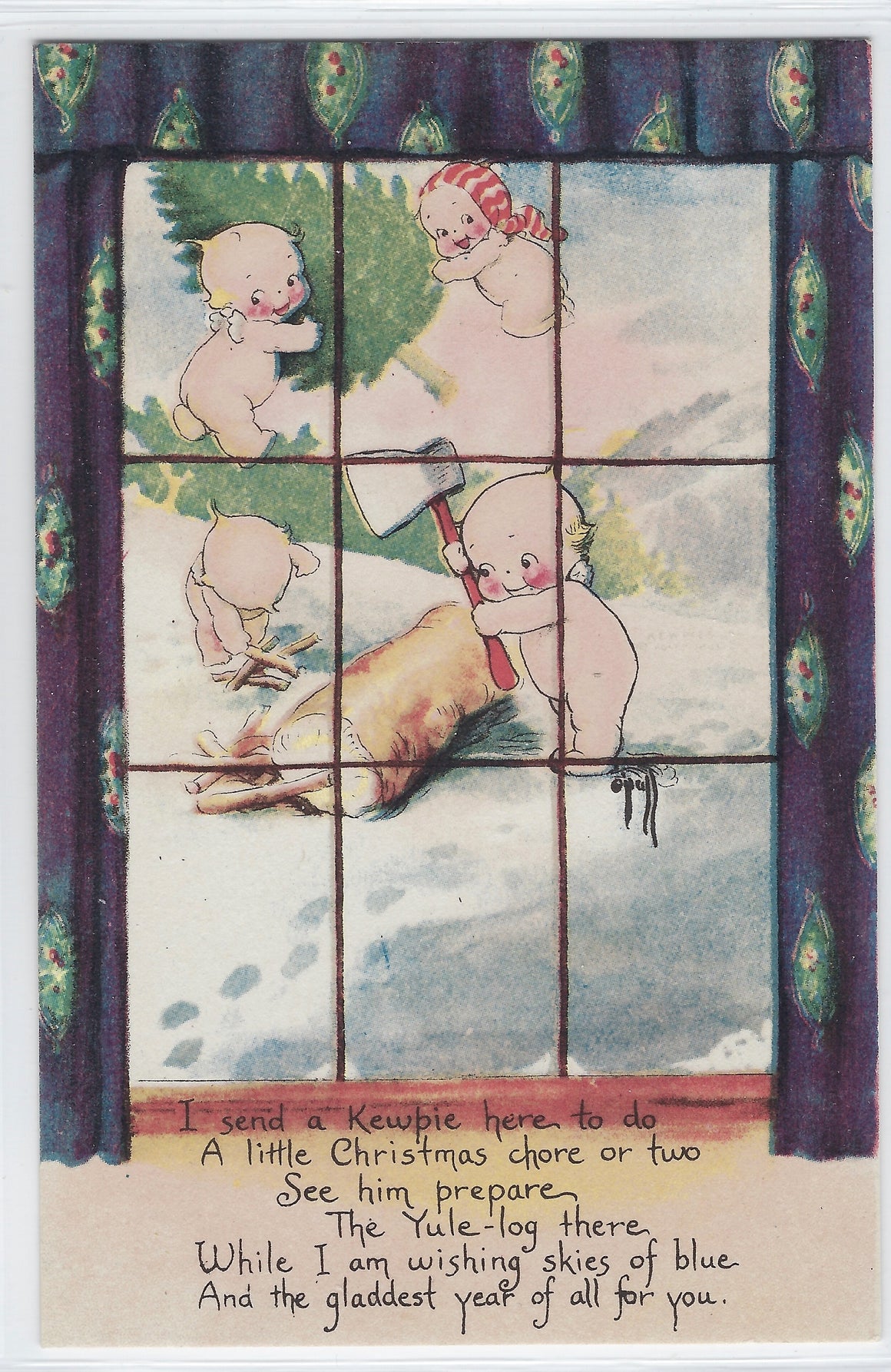 Kewpie Postcard Christmas Card Rosie O' Neil Baby Kewpies Cutting Down Tree Through Window
