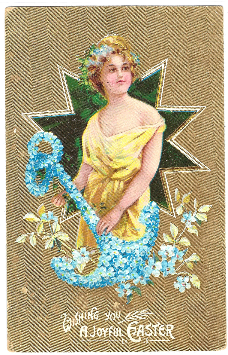 Easter Postcard Art Nouveau Woman Holding Blue Flower Anchor Gold Background Series 8106