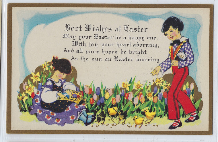 Easter Postcard Art Deco Style Children Finding Eggs in Tulips with Baby Chicks