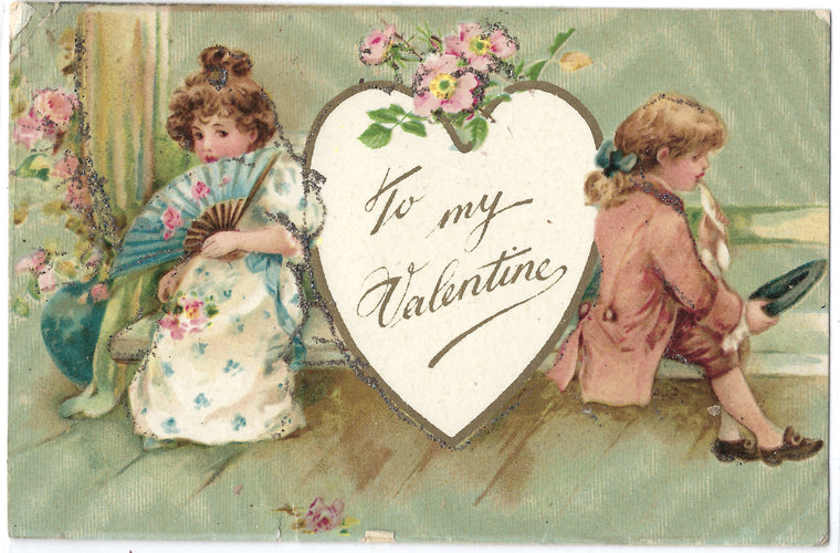 Valentine Postcard Children Dressed For Dance Applied Glitter Early Undivided Back