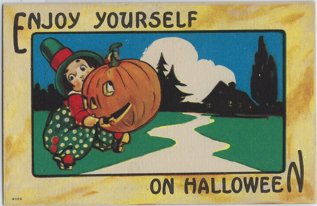 Halloween Postcard Series 9086 Bergman Little Witch Holding JOL
