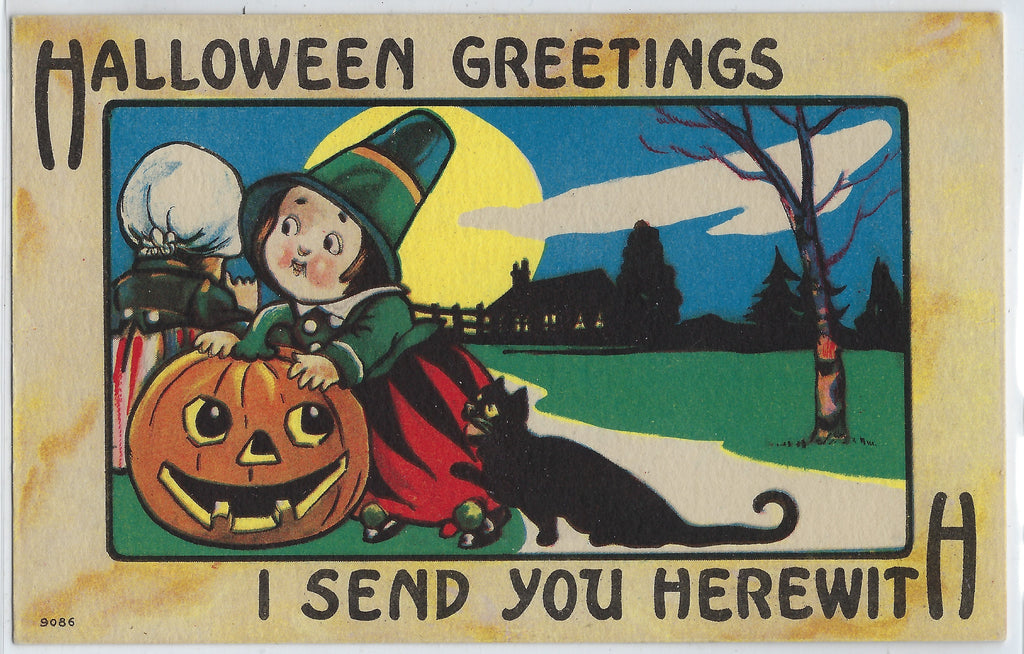 Halloween Postcard Series 9086 Bergman Little Witch with JOL & Black Cat