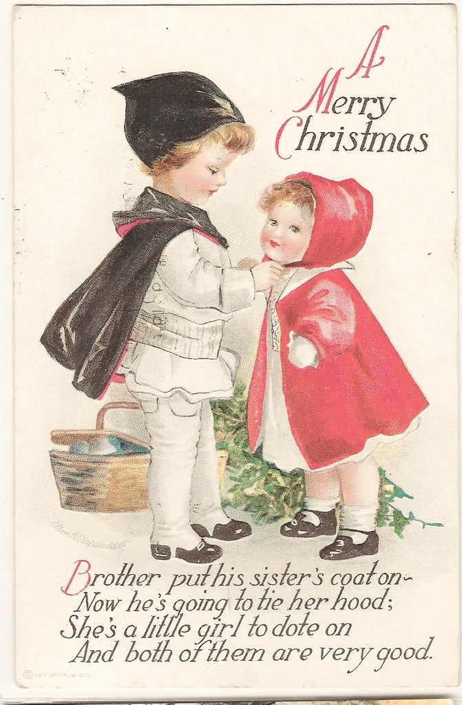 Christmas Postcard Artist Ellen Clapsaddle Brother Helping Button Little Sister in Winter Coat