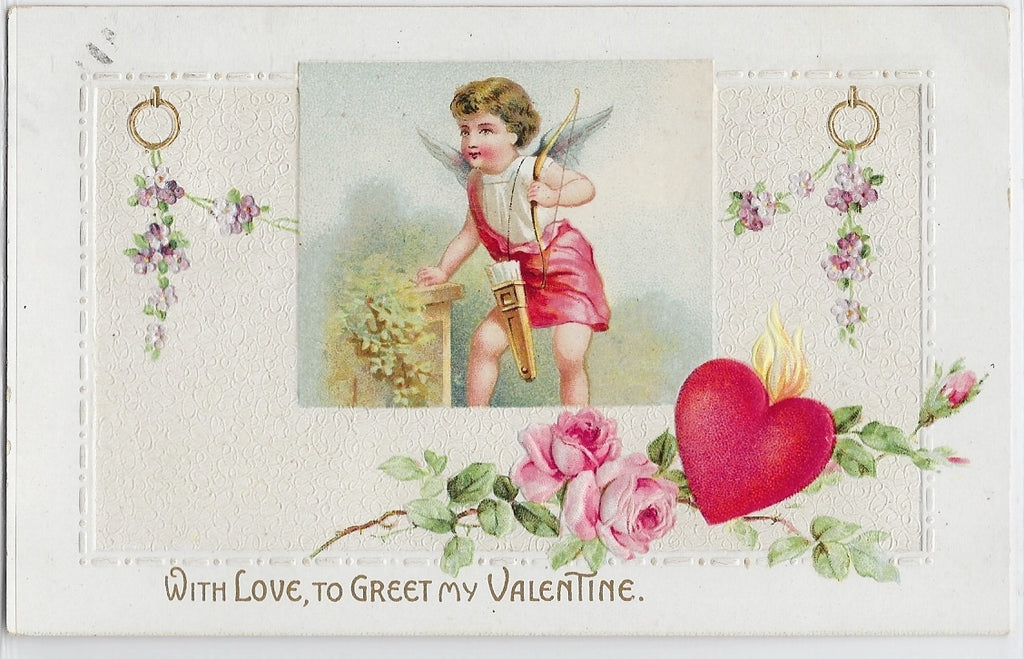 Valentine Postcard Embossed Cupid with Hearts Germany