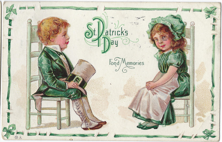 St Patrick Day Postcard Series 14 Children in Green Seated Across From Each Other