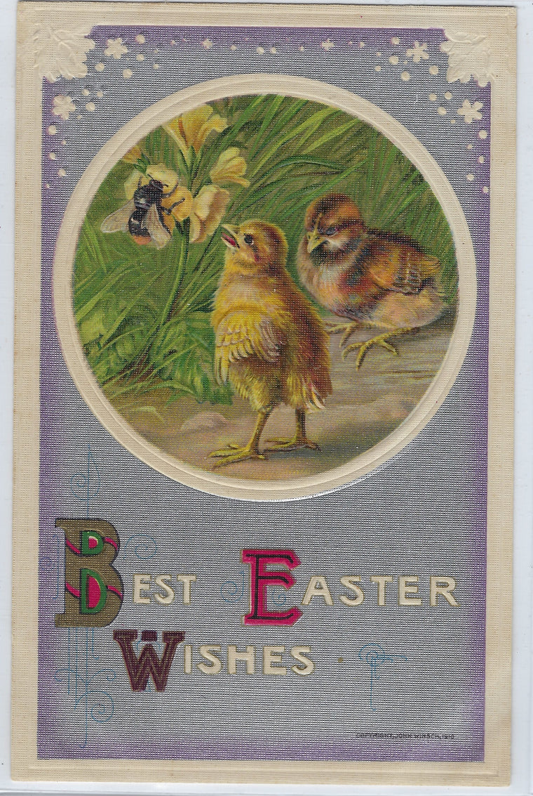 Easter Postcard John Winsch Publishing Baby Chicks Watching Bumblebee