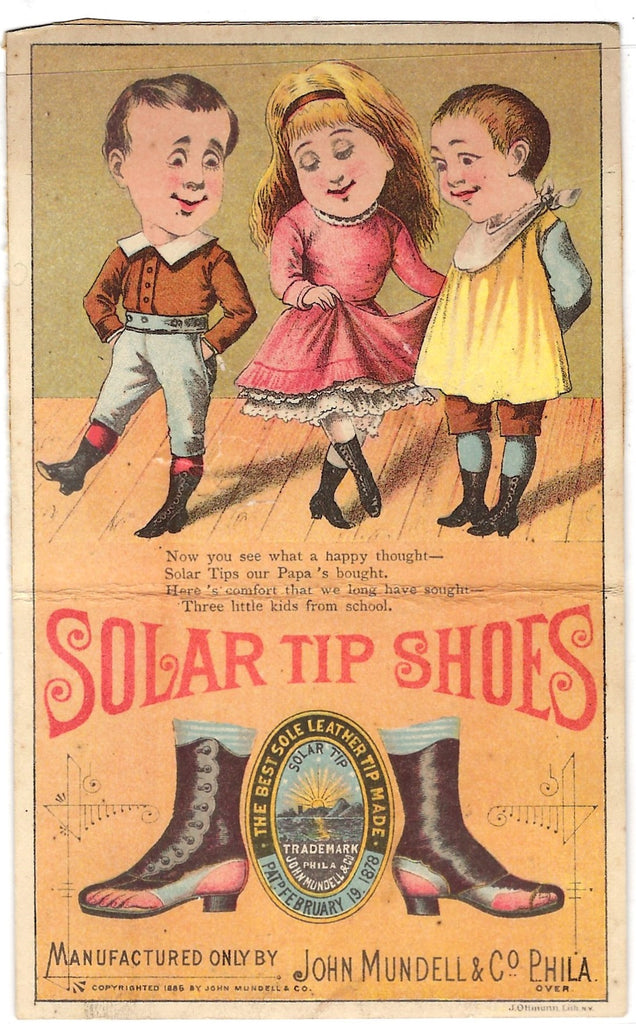 Victorian Advertising Trade Card Circa 1880s Metamorphic Image Solar Tip Shoes John Mundell