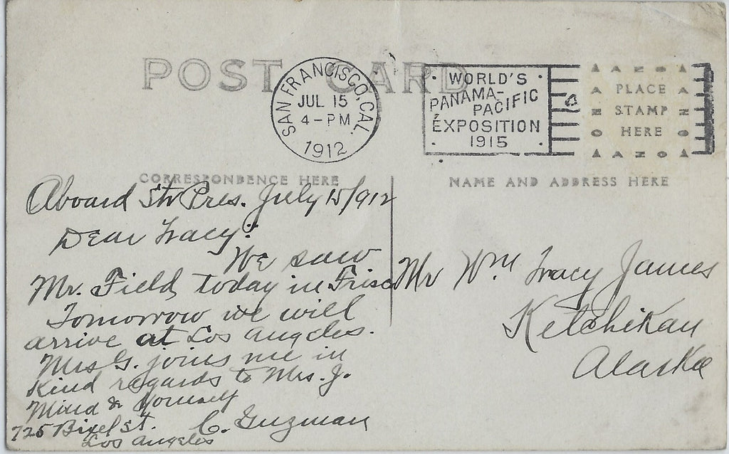 RPPC S.S. President Steam Ship San Francisco Bay Double Postmark 1912 San Fran Calif & 1915 World's Panama Pacific Exposition Stamp