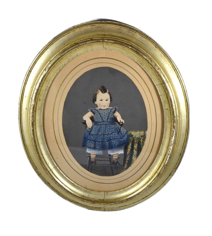Folk Art Painted Tintype Photograph Portrait of Young Girl Seated in Windsor Chair Circa 1860-70