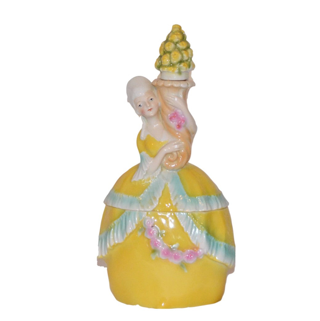 Bavarian Porcelain Erphila Yellow Figural Woman Powder Box Jar & Perfume Half Doll