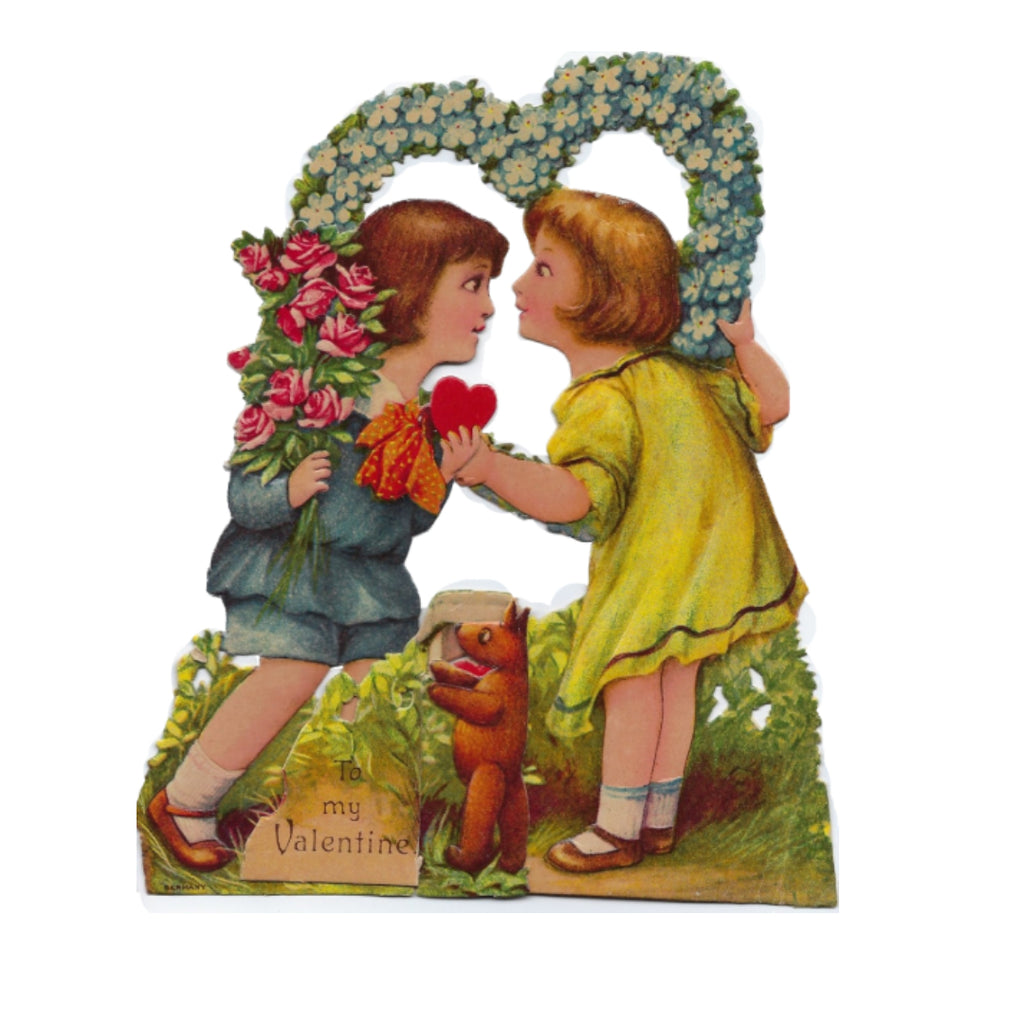 Vintage Valentine Card Die Cut Children in Flower Heart Standing Teddy Bear