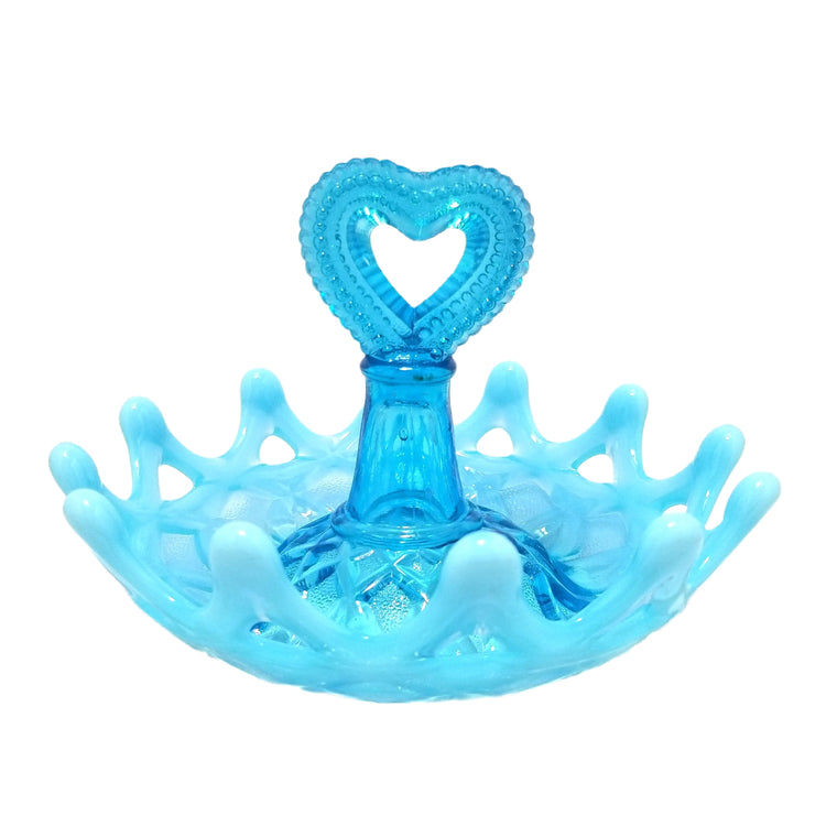 Northwood Blue Opal Open O’s Heart Handle Opalescent Glass Ring Holder