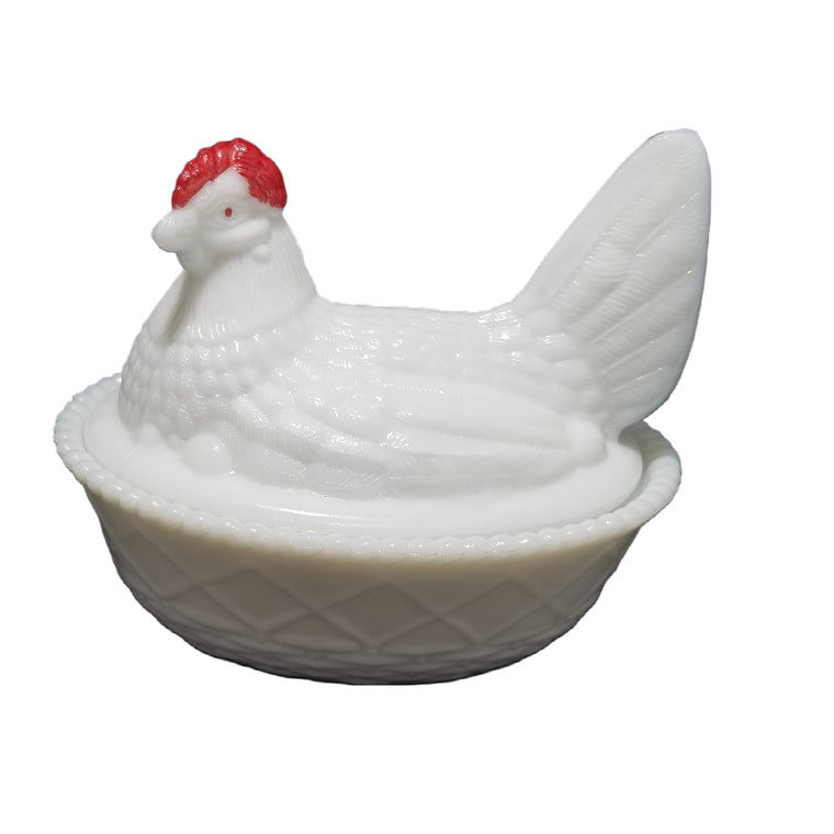 Westmoreland Red White Milk Glass Hen On Nest Dish Turned Head Basket Split Tail