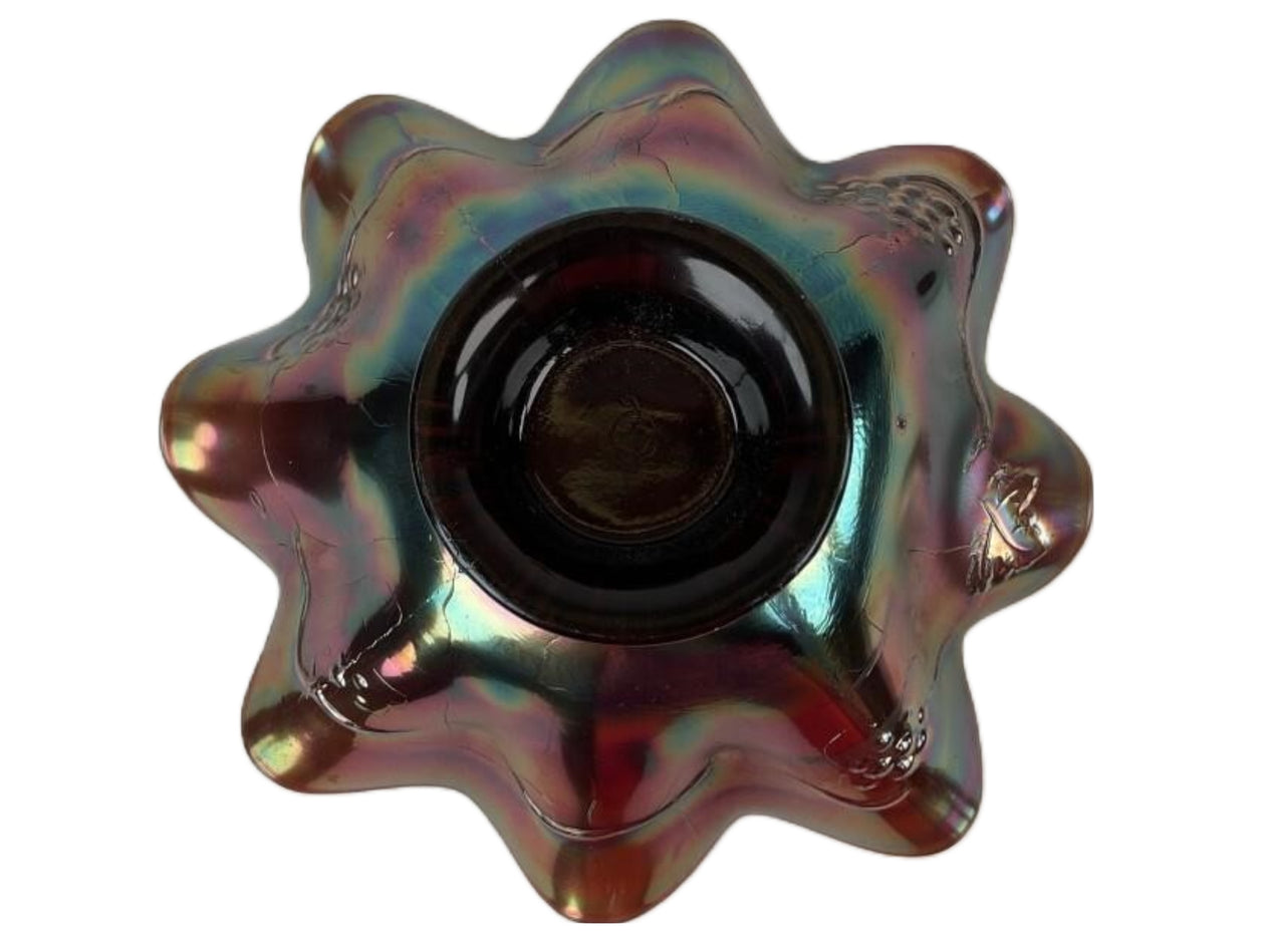 Northwood Amethyst Carnival Glass Three Fruits Medallion & Grapes Leaves Exterior Dome Base
