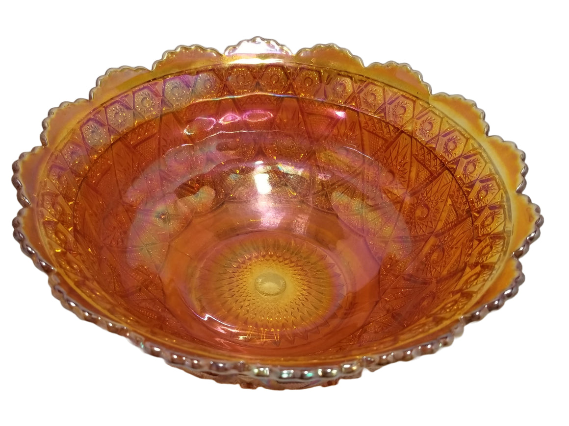 Antique Imperial Diamond Lace Marigold Carnival Glass Master Berry Bowl